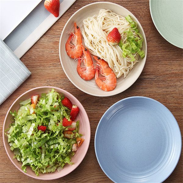 

kitchen dishes plastic dinner plates eco wheat straw round dishes plates set 4 colors mixed packing