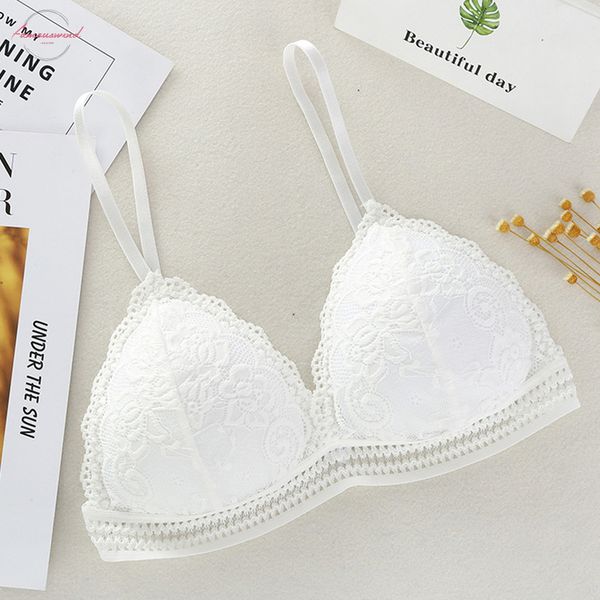 

women triangle cup seamless underwear lace bralette deep v wireless lingerie thin soft french style bra girls, White