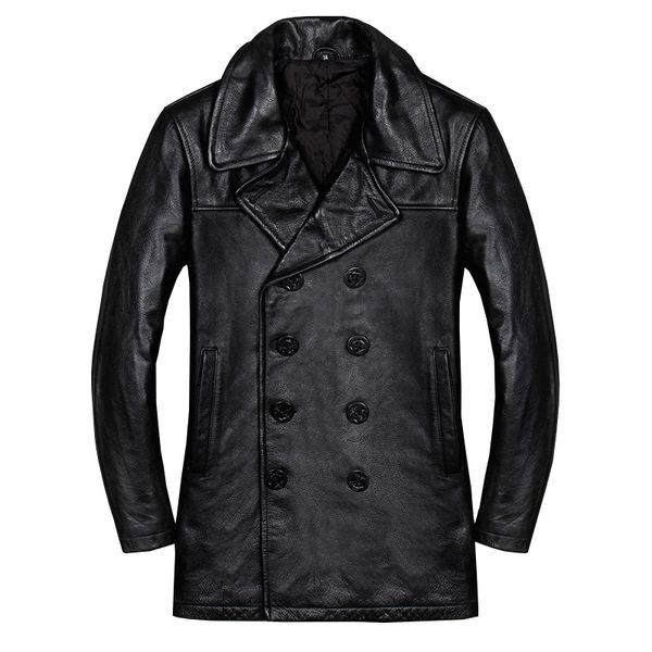 

2019 new genuine leather jacket men business plus cotton casual slim fit leather windbreaker cowhide long winter coat, Black