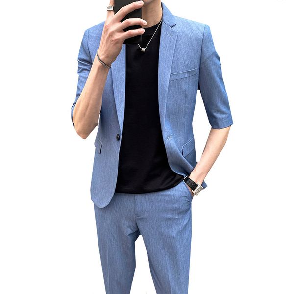 

summer half-sleeved suit business casual seven-point sleeve solid color single buckle british style two-piece suit (blazer+pant, White;black