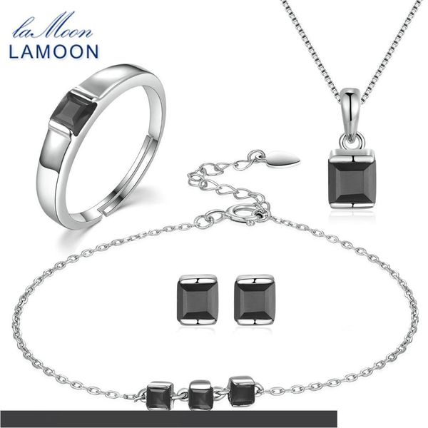 

lamoon 4x4mm 0.6 ct натуральный черный халцедон ювелирные наборы s925 кольца + серьги + ожерелье+браслет для женщин подарок v008-b-1, Black
