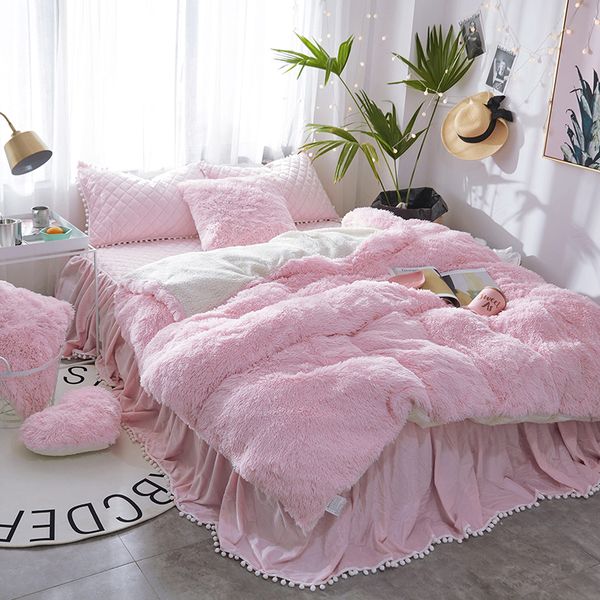 Winter Pure Color Mink Velvet Bedding Sets Lambs Wool Fleece Duvet