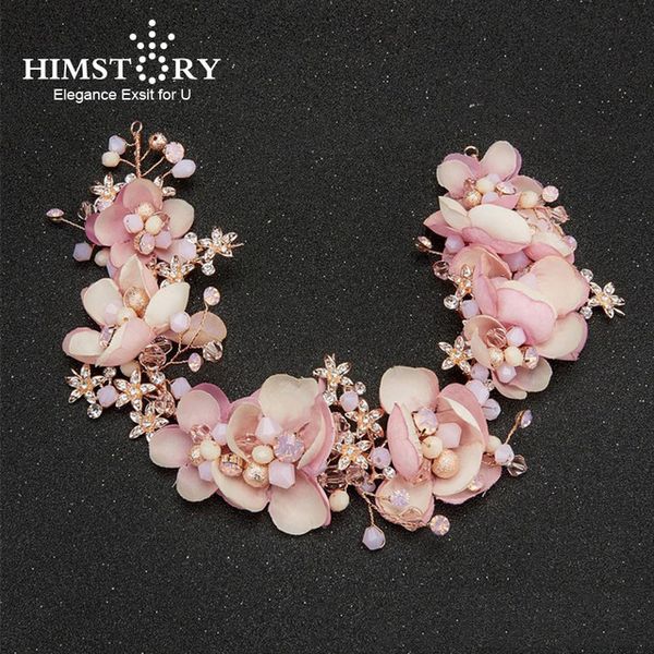 

himstory charm handmade headband crystal beads pink floral hairband hair ornaments gifts bridal wedding hair accessories, Golden;white