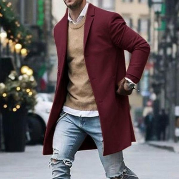 

men's casual coat lapel collar buttons down solid color formal business office outerwear trench coat plus size