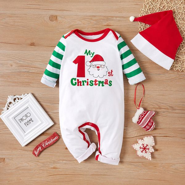 

my first christmas baby romper infant baby boys girls christmas cartoon santa striped print romper jumpsuit+hat for newborn #, Blue