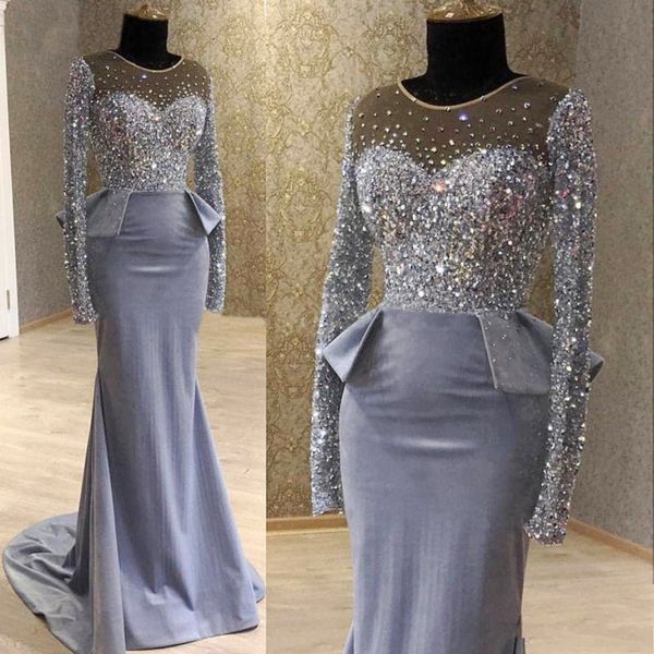 

sheer neck beaded crystals satin gray evening dresses 2020 elegant long sleeves formal party gowns peplum pageant celebrity prom dresses, Black;red