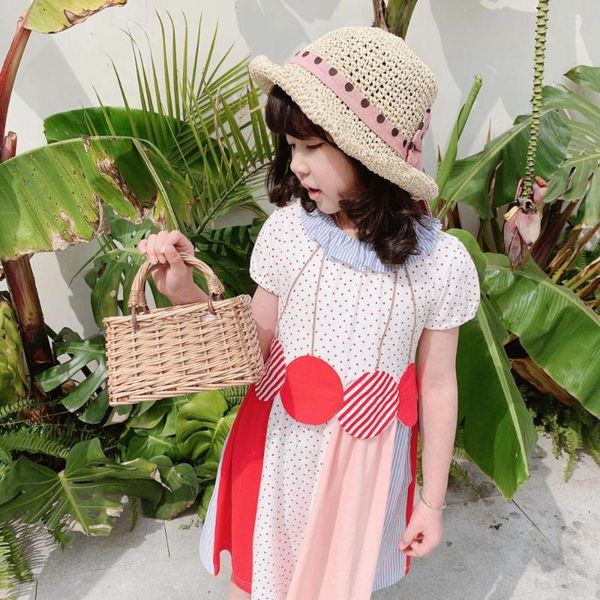

baby girls clothes cute cherry pattern stitching girls summer short sleeve dress polka dot print cute dress, Red;yellow