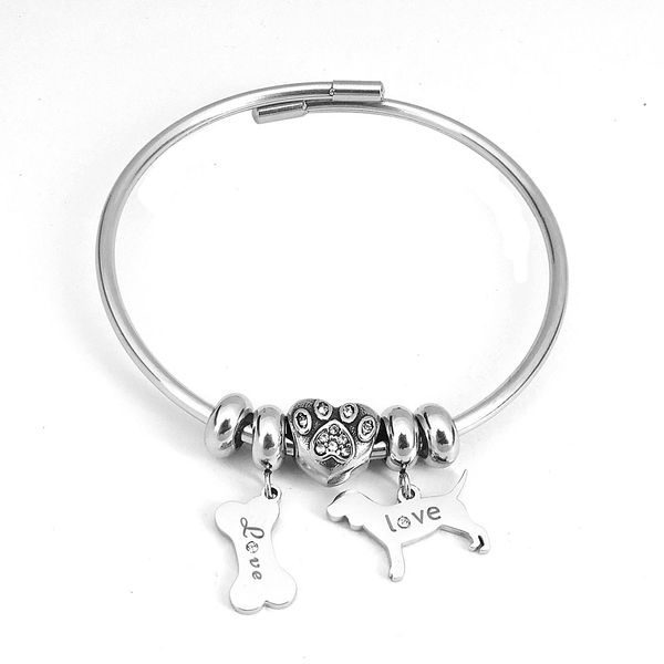 

cuff ajustable bracelets stainless steel bangles for women jewelry dog bone crystal pendants siver bangle gift for girl, Black