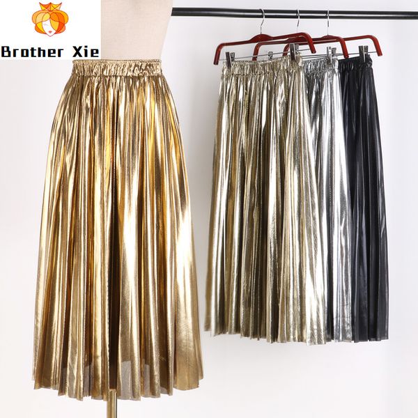 

c80 korean metallic pleated skirt high waist medium length a-line reflective fabric half skirt elastic waist large, Black