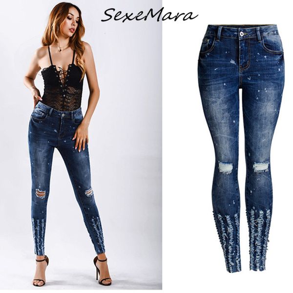 Compre 2020 Fahshion De Cintura Alta Jeans Mujer Apenada Rasgados