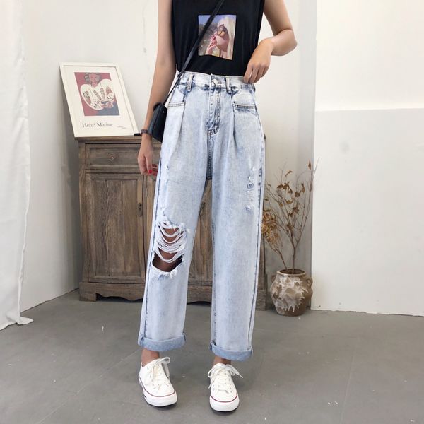 

zoe saldana jeans woman spring autumn jeans femme ripped for women loose straight, Blue