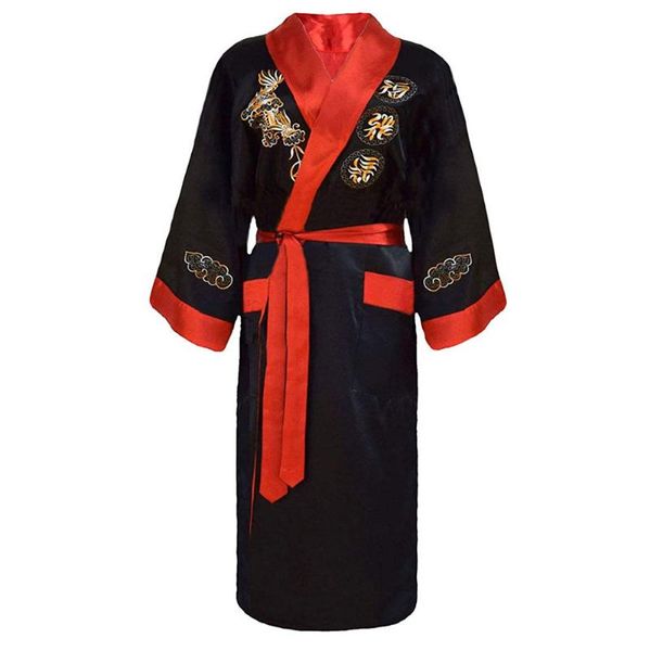 

reversible robe embroidery dragon female bathrobe kimono gown lounge negligee novelty casual  loose sleepwear, Black;brown