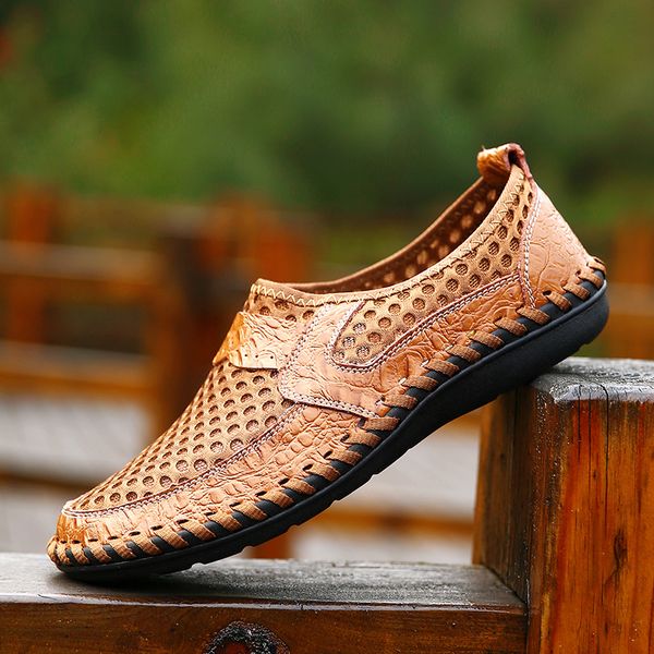 

merkmak new men net shoes genuine leather summer casual men sandals loafers shoes lazy style breathable large size 38-48, Black
