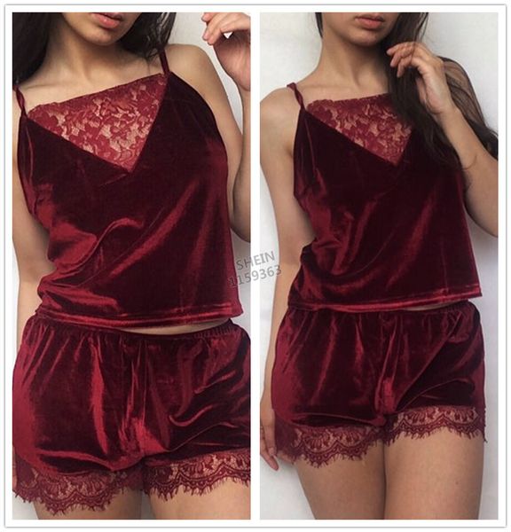 

womens sleepwear lingerie lace trim velvet cami pajamas set women burgundy plain spaghetti strap sleeveless summer sleepwear, Black;red