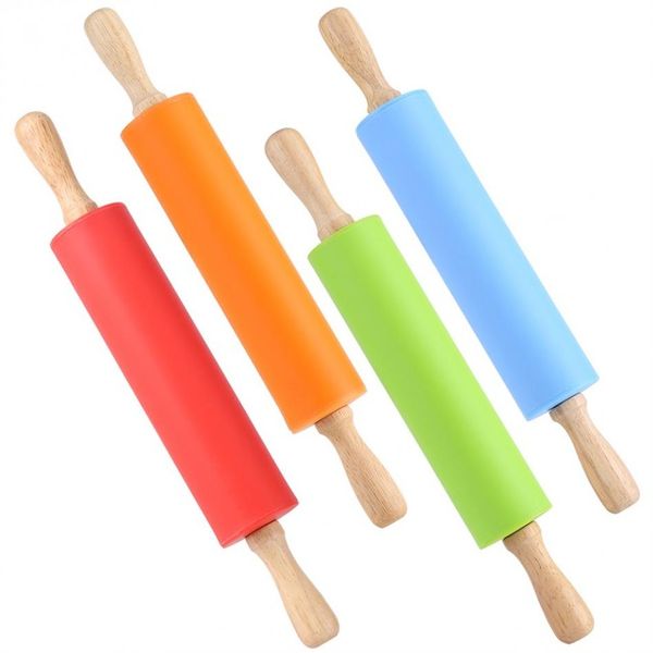 

non-stick silicone rolling pin with wooden handle pastry dough flour bakeware kitchen pastry boards tool