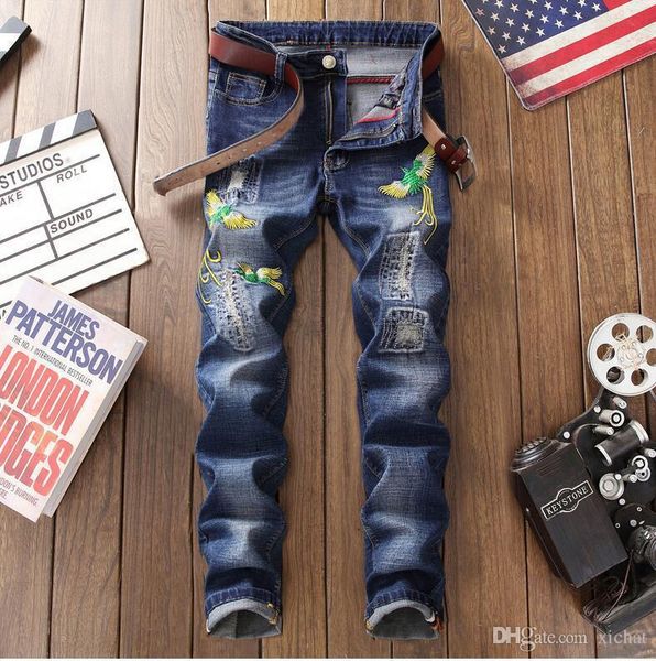 

men distressed embroidery dark blue jeans slim fit designer straight leg scratched biker bleached denim pants streetwear 5571