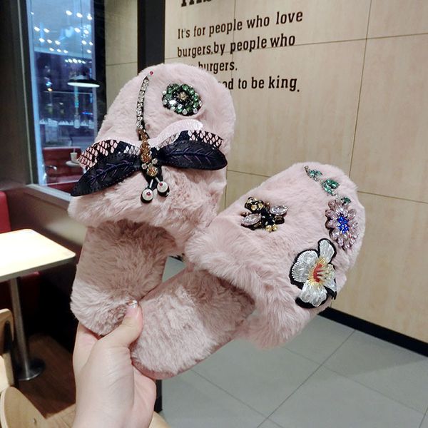 

flower crystal plush warm cotton slippers rubber sole non-slip slippers fur slides mules house furry fuzzy lace, Black