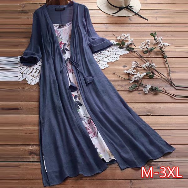 

spring summer women long linen dress plus size two pieces o-neck maxi dresses loose bohemian dresses for women 2020, Black;gray