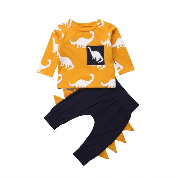 

2018 new arrival baby clothes toddler boys girls kid pullover cotton casual o-neck t-shirt+pants dinosaur trousers outfit, White