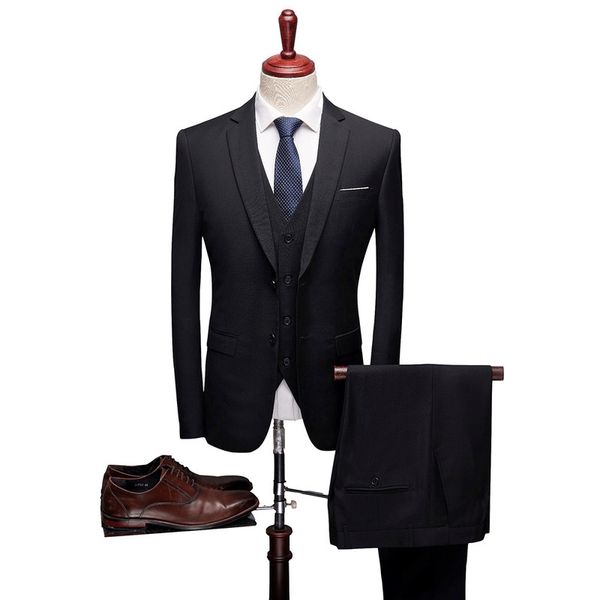 

men's suit slim 3-piece groom wedding suit large size 6xl solid color business casual sets (coat + pants + vest, White;black