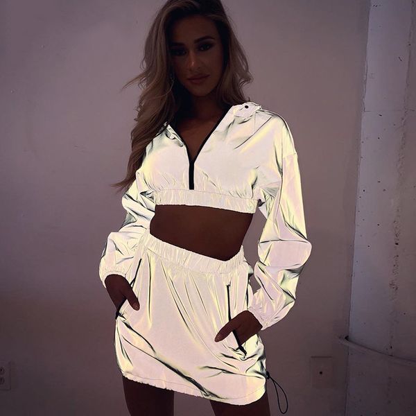 

women's clothing flash reflective zipper long sleeve hoodies pullover hooded crop high waist mini skirt women 2 piece set wholesale, White