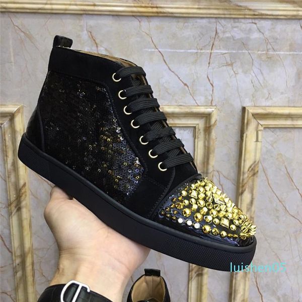 

high sneakers outdoor green rhinestones diamond lace up red bottom casual shoes leather loafers for men's women flat al05, Black