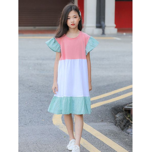 

big girls summer color-block flare sleeve cotton princess dresses 6 8 10 12 14 years fashion children clothing kids ruffle dress, Red;yellow