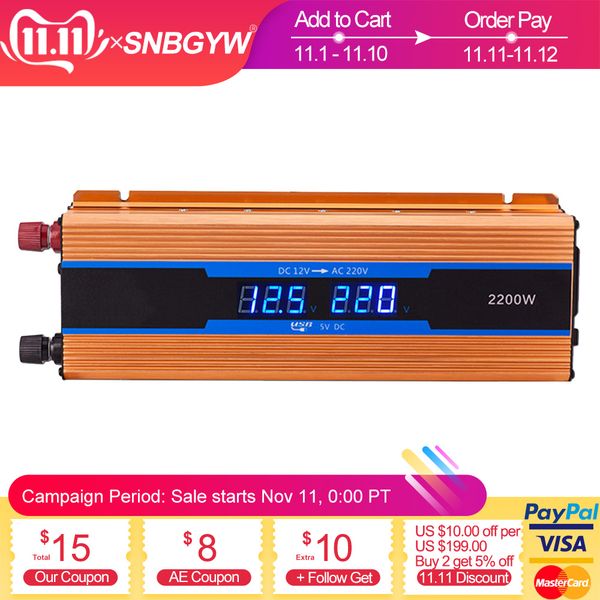 

2200w solar car power inverter dc12v to ac220v modified sine wave voltage converter 220v 12v digital display usb charger by018
