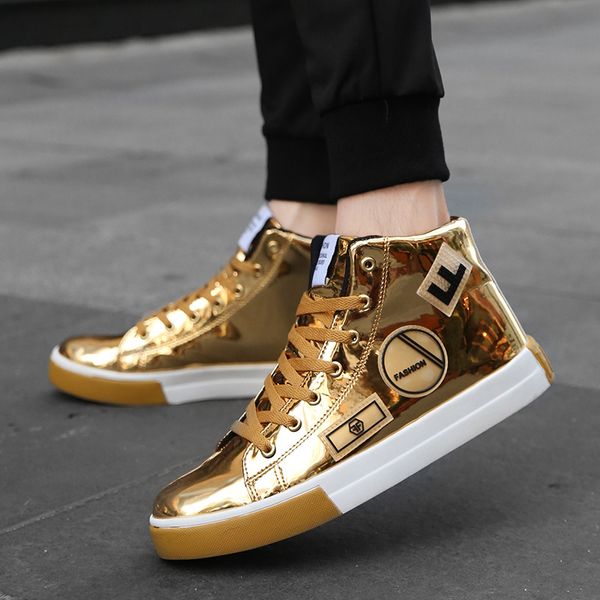 

nightclub leisure shoes rommedal high-male vulcanized shoes pu leather golden hip hop men lace-up flat luxury designer, Black