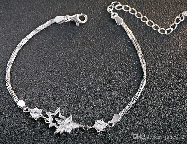 

2pcs luxury zircon white crystal solid 925 sterling silver jewelry korean two stars link chain bracelet for women, Black