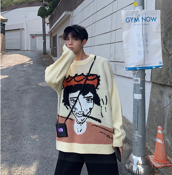 

men's autumn winter funny print knitted sweater male jacquard pullovers sweaters clothes men casual streetwear, White;black