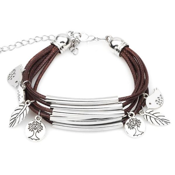 

multi-layer waxed cord bracelet bird leaf tree charm bangle handmade wrist jewelry accessories, Golden;silver
