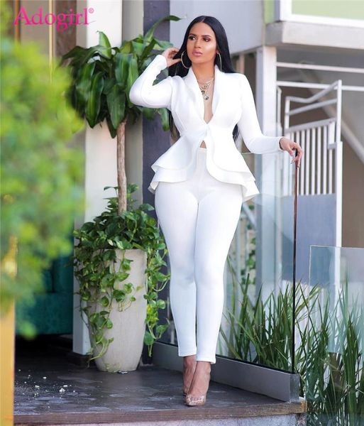 

adogirl мода сборка scuba повседневного двухкусочного set solid v шеи длинного рукав blazer пальто карандаш брюки управление леди деловые ко, White