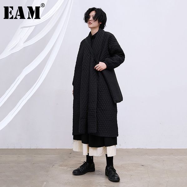 

eam] black big size long warm cotton-padded coat long sleeve loose fit women parkas fashion tide new autumn winter 2020 wth12