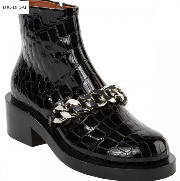 

2019 fashion women ankle boots stone print western boots black leather booties party low heel gold chains women booties