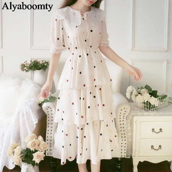 

korean chic summer women midi tiered dress apricot polka dot blue floral layered princess dress elegant chiffon party long, Black;gray