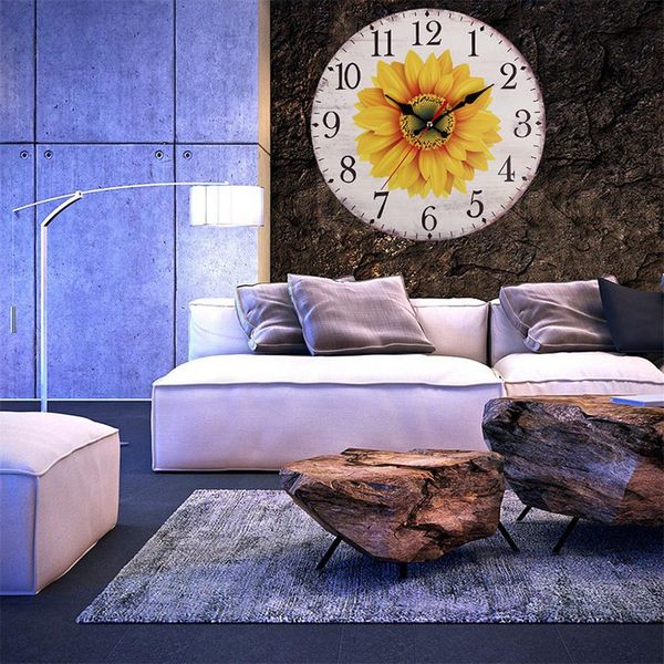 Round Wall Clock Vintage Sunflower Living Room Bedroom Arabic Numerals Chic Style Wooden Round Home Decor Black Large Wall Clocks Black Wall Clock