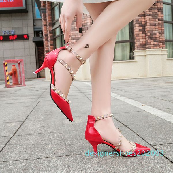 

rivet single stiletto high heels word buckle sandale designer sandal designer slides party shoes women sandals studded pointed shoes d03, Black