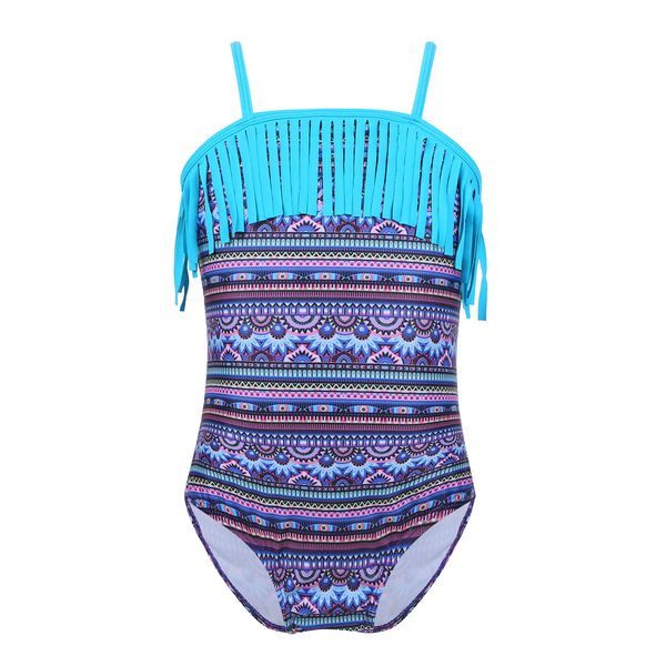 

dpois summer kids girls one-piece beach wear fringes adjustable spaghetti shoulder straps printed swimsuit swimwear bathing suit