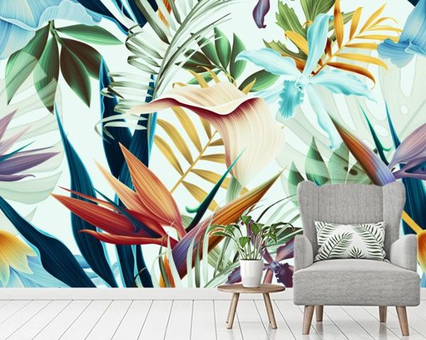 

cjsir custom 3d wallpaper mural hand-painted tropical rainforest coconut tree leaves tv background wall papel de parede decors