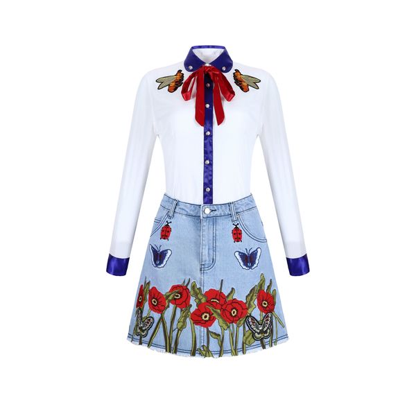 

2019 new women clothes two piece sets winter the butterfly embroidered denim half-length a skirt bee embroidery white shirt size s-l