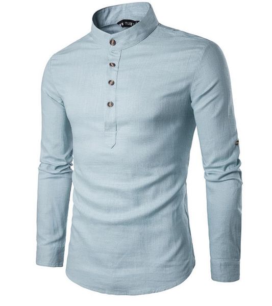 

pullover men dress shirts henry neck solid color single breasted long sleeve men casual shirt stand collar european size, White;black