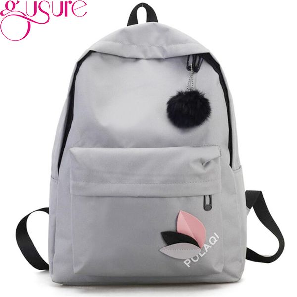 

gusure women backpack bag teenagers girls appliques school bags canvas shoulder bag with fur ball hanging preppy style knapsack