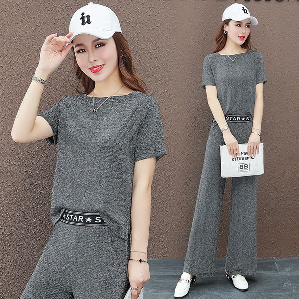 

summer women tracksuit sportswear wide leg loose sport pant+sweatshirt running jogger fitness gym workout casual set sport suit, Black;blue