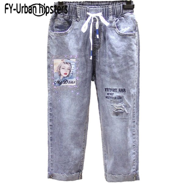 

spring summer women jeans denim calf-length loose printed jeans plus size elastic waist lace up ripped holes fashion casual cute, Blue
