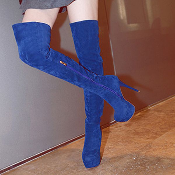 

women boots fashion autumn winter side zip over the knee long boots platform super high thin heels shoes women plus size, Black