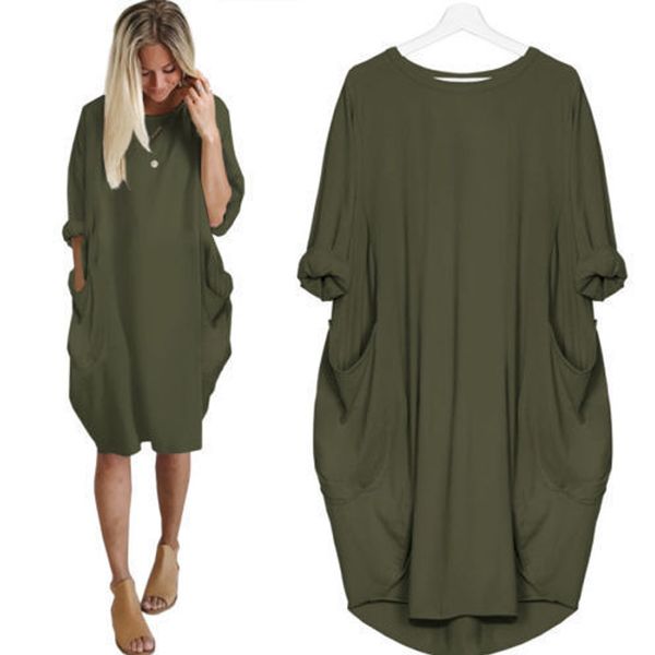 

summer fall casual long sleeves loose dress large size o neck solid color pockets party dress beach female clothes xxxl 4xl 5xl, Black;gray
