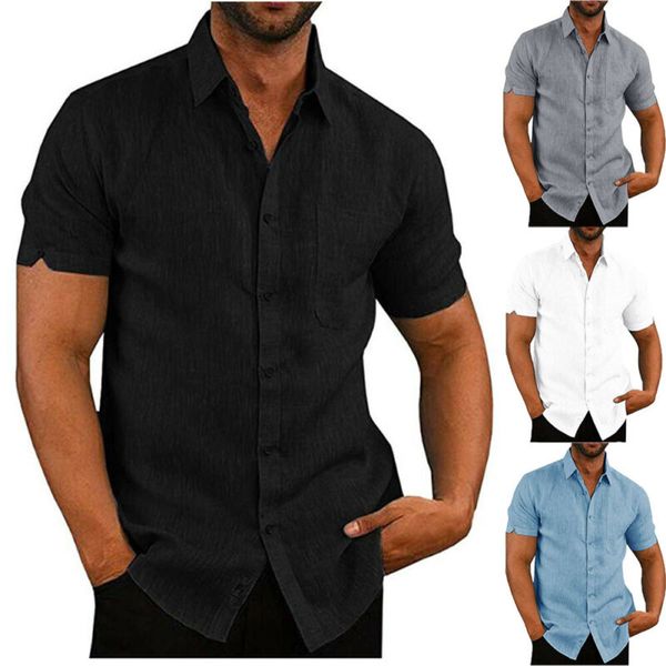 

MarchWind Mens Linen Blouse Short Sleeve Baggy Buttons Summer Solid Comfortable Pure Cotton And Linen Casual Loose Holiday Shirts Tee Tops