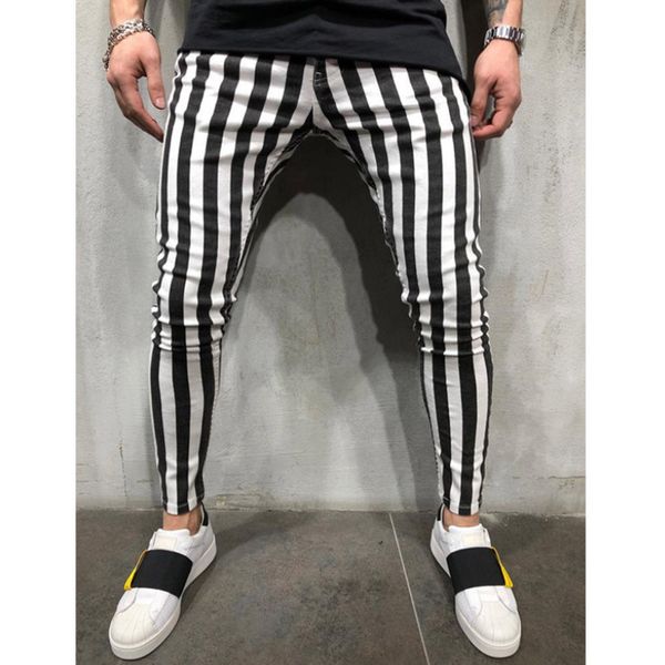 

2019 fashion slim pants summer mens stretch striped plaid pants comfortable high waist zipper casual, Black