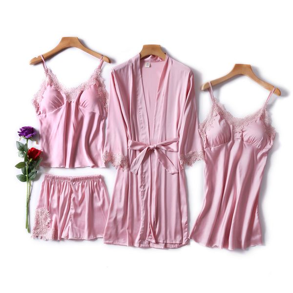 

4 шт. сексуальные пижамы набор женщин искусственный шелк кружева слинг рукавов рубашки шорты летний халат пижамы с груди колодки пижамы набо, Blue;gray